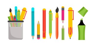 Okul malzemeleri, kırtasiye malzemeleri, kalemler, kalemler, keçeli kalemler. Düz bir şekilde vektör illüstrasyonu.