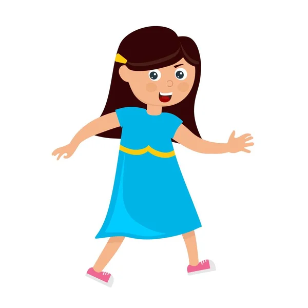 Una chica alegre en un vestido azul en un estilo de dibujos animados. Ilustración vectorial — Vector de stock