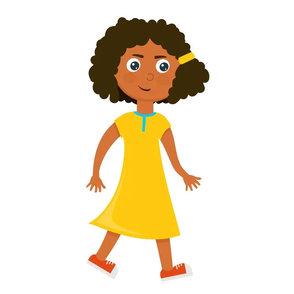 Una chica alegre es un niño de piel oscura en un vestido amarillo en un estilo de dibujos animados. — Vector de stock