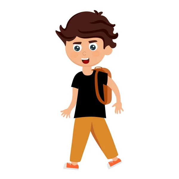 Un niño alegre en una camiseta negra con una mochila en un estilo de dibujos animados. Ilustración vectorial. — Vector de stock