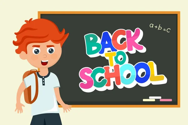 学校に戻って漫画のスタイルで碑文と黒板に学校の少年。ベクターイラスト — ストックベクタ