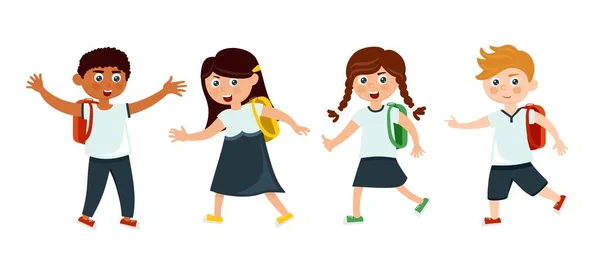 Een groep schoolkinderen en schoolmeisjes met rugzakken die in tekenfilmstijl naar school gaan. Vectorillustratie — Stockvector
