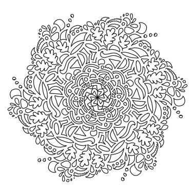 Boyama kitapları için yuvarlak mandala elementi. Siyah ve beyaz çiçek desenli soyutlama. Vektör illüstrasyonu.