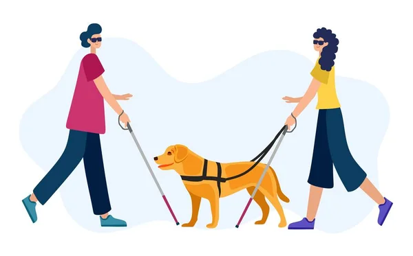 Vector illustration of people with disabilities in a cartoon style. A blind woman and a blind man with a walking stick and a guide dog. — Stock Vector