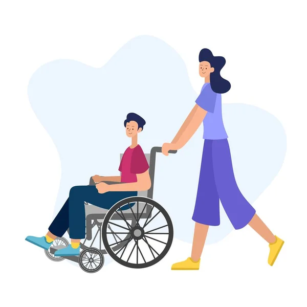 Illustrazione vettoriale delle persone con disabilità in stile cartone animato. Un uomo disabile su una sedia a rotelle con una donna accompagnatrice su sfondo bianco. — Vettoriale Stock