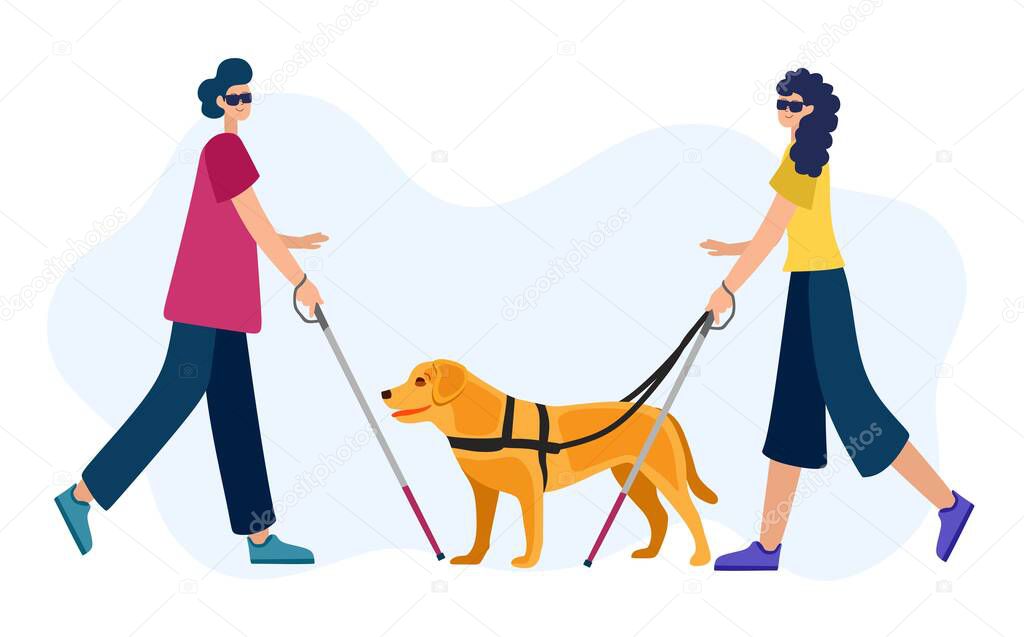 Vector illustration of people with disabilities in a cartoon style. A blind woman and a blind man with a walking stick and a guide dog.
