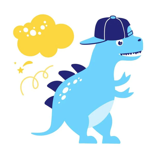 Dinosauro con un cappello da baseball divertente isolato su uno sfondo bianco illustrazione vettoriale. In stile piatto per la stampa su tessuti e souvenir. — Vettoriale Stock