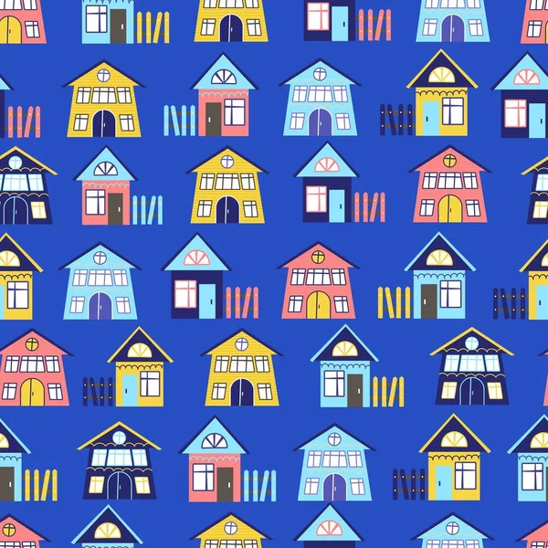 Divertido patrón de casas multicolores en una ilustración vectorial de fondo azul. De estilo plano para imprimir en textiles y souvenirs. — Vector de stock