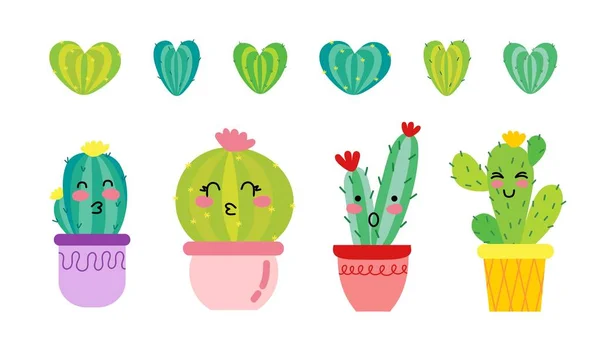 Un ensemble de cactus drôles dans des pots et des cactus coeurs. Pour l'impression, les cartes postales, les textiles. Illustration vectorielle. — Image vectorielle