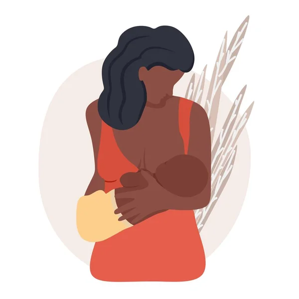 Breastfeeding. A dark-skinned woman is breastfeeding a baby. — Stock Vector