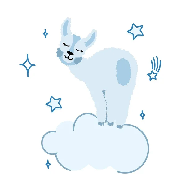 Alpaca llama is funny on a white background with closed eyes and stars. For printing on textiles, souvenirs and posters. Vector illustration. — Stock Vector