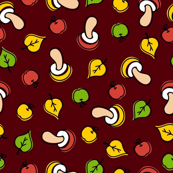 Herfst patroon op een bruine achtergrond van verschillende kleuren paddestoelen, bladeren, appels. Voor gebruik bij het bedrukken op ansichtkaarten, posters. Vectorillustratie — Stockvector