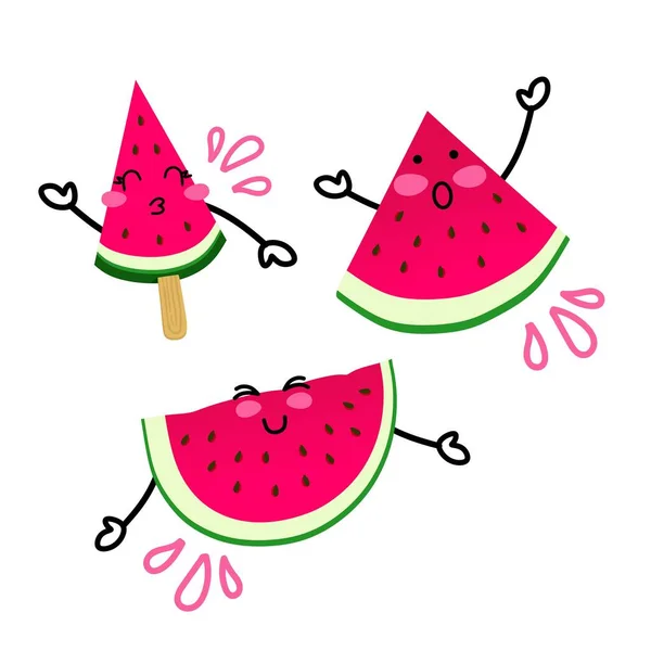 Wassermelonen sind lustig auf weißem Hintergrund. Nationaler Tag der Wassermelone. Verwendung für eine Postkarte, Hintergrund, Applikation auf einem Stoff oder Souvenirprodukten. — Stockvektor