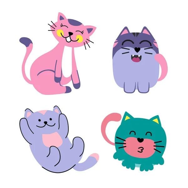 Funny cats set of 4 on a white isolated background. Use for a postcard, background, application on a fabric or souvenir products. — Stock Vector