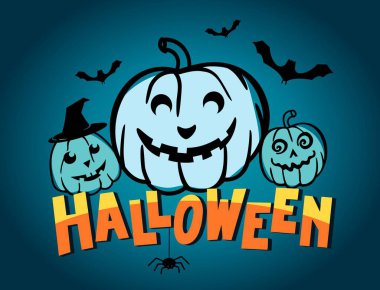 Cadılar Bayramı posteri ve balkabağı. Düz bir şekilde vektör illüstrasyonu.