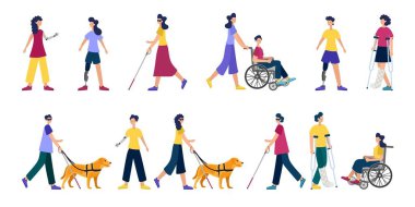 Engelli insanlar. Özürlü insanlar. Kör insanlar. Protezler, tekerlekli sandalyeler, alçı, koltuk değnekleri, rehber köpek. Farklı karakterler. Vektör illüstrasyonu.