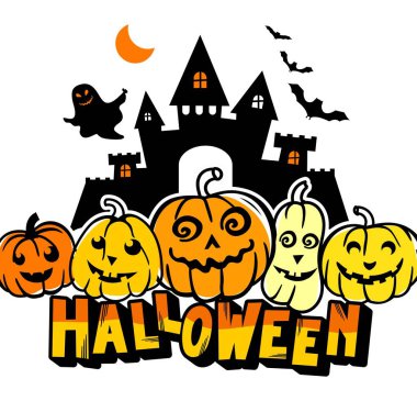 Cadılar Bayramı. Cadılar Bayramı için bir poster. Hayaletler, balkabakları, siyah bir kedi ve beyaz arka planda yarasalar. Web tasarımı, kartpostallar, posterler, yazıcılarda kullanmak için. 