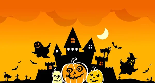 Bannière Halloween Sur Fond Orange Vieux Château Fantômes — Image vectorielle