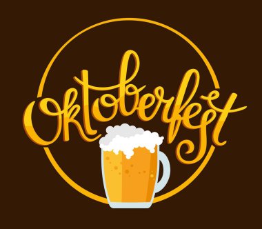 Oktoberfest afişi. Köpüklü, krakerli ve ızgara sosisli bira bardağı resmi olan el yazması bir yazı. Vektör illüstrasyonu.