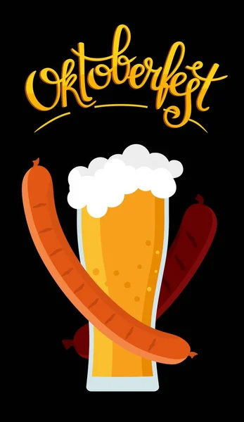 Oktoberfest横幅 手写的题词带有啤酒杯与泡沫 椒盐卷饼和烤香肠的形象 矢量说明 — 图库矢量图片