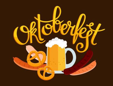 Oktoberfest afişi. Köpüklü, krakerli ve ızgara sosisli bira bardağı resmi olan el yazması bir yazı. Vektör illüstrasyonu.