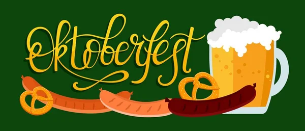 Oktoberfest Afişi Köpüklü Krakerli Izgara Sosisli Bira Bardağı Resmi Olan — Stok Vektör