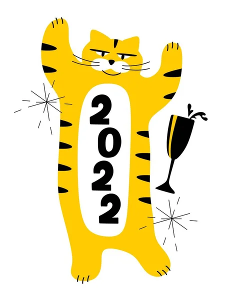 Tygr Symbolem Roku 2022 Sklenicí Šampaňského Jisker Koncept Vánoc Nového — Stockový vektor