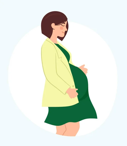 Graviditet Modern Affisch Med Moderiktig Gravid Kvinna Stilren Grön Klänning — Stock vektor