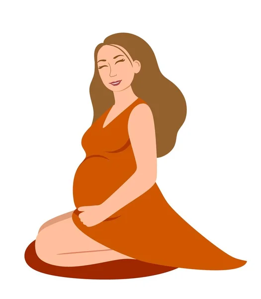 Graviditet Modern Affisch Med Söt Gravid Kvinna Röd Klänning Vektorillustration — Stock vektor