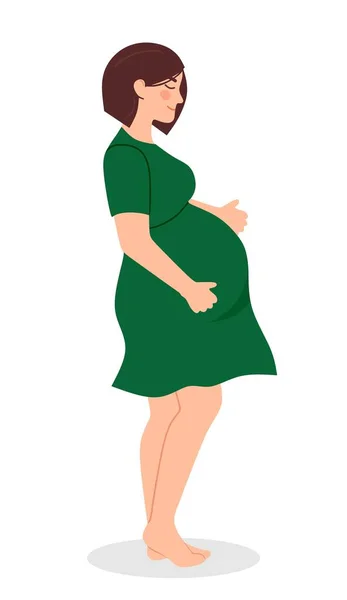 Ciąża Nowoczesny Plakat Uroczą Ciężarną Kobietą Zielonej Sukience Ilustracja Wektora — Wektor stockowy