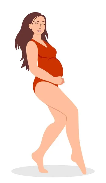 Pregnancy Modern Poster Cute Pregnant Woman Red Swimsuit Vector Illustration — Stock Vector
