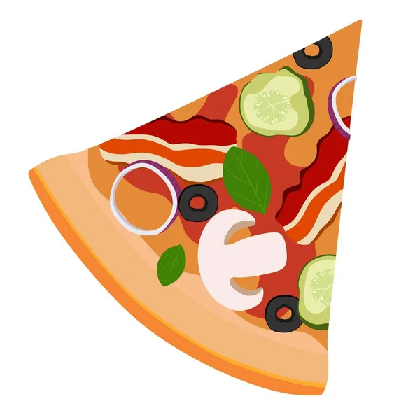 Кусок Треугольной Пиццы Грибами Беконом Огурцами Векторная Иллюстрация Концепция Наклеек — стоковый вектор
