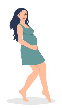 Hamilelik. Yeşil elbiseli hamile bir kadının olduğu modern bir poster. Vektör illüstrasyonu