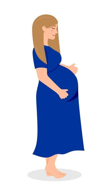 Беременность Современный Плакат Милой Беременной Женщиной Синем Платье Векторная Иллюстрация — стоковый вектор