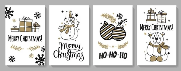Weihnachtskarten Mit Figuren Einem Modernen Stil Und Schwarz Goldener Farbe — Stockvektor