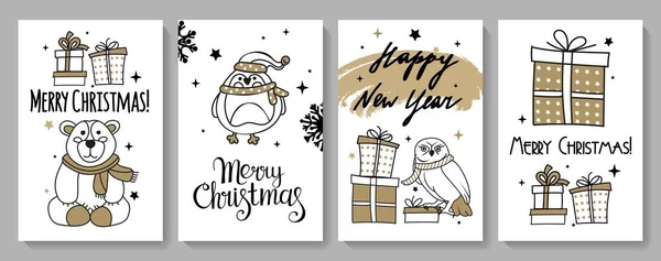 Christmas Cards Characters Modern Style Black Gold Color Cards Stickers — Stock Vector