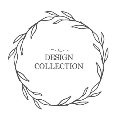 Yapraklı ve dallı çiçek çelengi. Sevgililer Günü için tebrik kartı şablonu. Yuvarlak çerçeve beyaz arka planda izole edilmiş. Düğün davetiyeleri, kartpostallar, posterler, kozmetik etiketleri ve parfümler için.. 