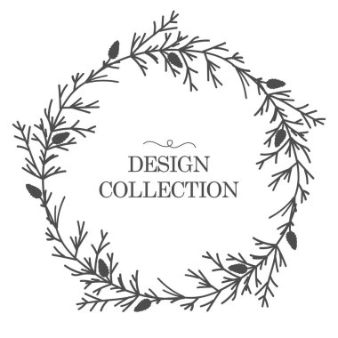 Yapraklı ve dallı çiçek çelengi. Sevgililer Günü için tebrik kartı şablonu. Yuvarlak çerçeve beyaz arka planda izole edilmiş. Düğün davetiyeleri, kartpostallar, posterler, kozmetik etiketleri ve parfümler için. Vektör illüstrasyonu