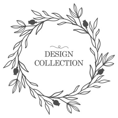 Yapraklı ve dallı çiçek çelengi. Sevgililer Günü için tebrik kartı şablonu. Yuvarlak çerçeve beyaz arka planda izole edilmiş. Düğün davetiyeleri, kartpostallar, posterler, kozmetik etiketleri ve parfümler için..