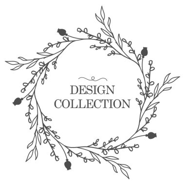 Yapraklı ve dallı çiçek çelengi. Sevgililer Günü için tebrik kartı şablonu. Yuvarlak çerçeve beyaz arka planda izole edilmiş. Düğün davetiyeleri, kartpostallar, posterler, kozmetik etiketleri ve parfümler için.. 