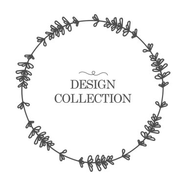 Yapraklı ve dallı çiçek çelengi. Sevgililer Günü için tebrik kartı şablonu. Yuvarlak çerçeve beyaz arka planda izole edilmiş. Düğün davetiyeleri, kartpostallar, posterler, kozmetik etiketleri ve parfümler için.. 