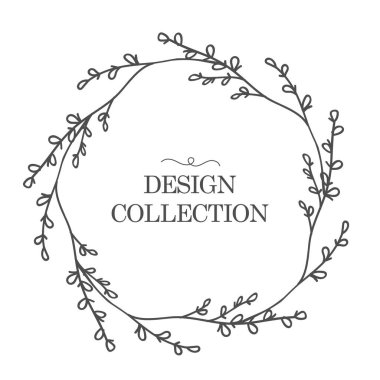 Yapraklı ve dallı çiçek çelengi. Sevgililer Günü için tebrik kartı şablonu. Yuvarlak çerçeve beyaz arka planda izole edilmiş. Düğün davetiyeleri, kartpostallar, posterler, kozmetik etiketleri ve parfümler için.. 