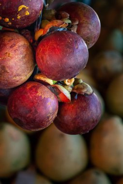 Halka açık pazarda taze meyveler sergileniyor. Dar alan derinliğiyle yakın çekim.