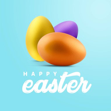 Yaratıcı minimum Mutlu Paskalya yerleşimi renkli yumurtalar ve tatlı mavi arka planda birlikte 