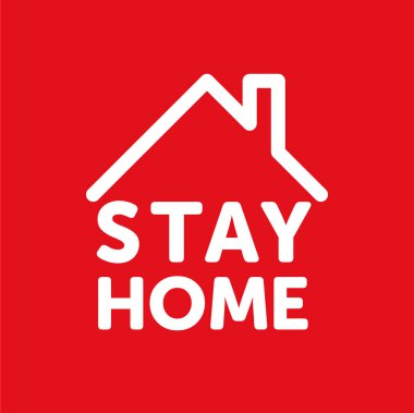 Coronovirus (Covid-19) için çizgi logosu dizaynı, evde temiz kalmak için kırmızı arka planda 