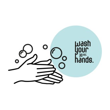 Sabun ikonuyla el yıkama için basit bir tasarım. Mektuplar ellerini yıkar. Beyaz arkaplanda renkli çemberli çizgi vektör çizimi.