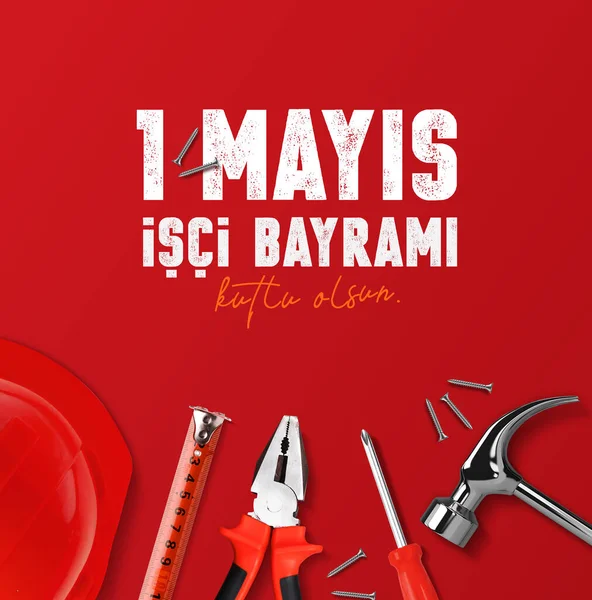 3 different dimension in one for May 1st labor and solidarity day red card illustration. (Turkish: 1 mays emek ve dayanma gn, ii bayram kutlu olsun) Labour day design with worker tools