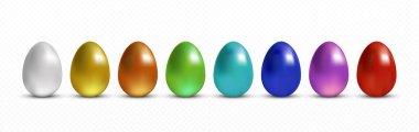 Paskalya yumurtaları. Renkli karışım ve farklı desenler. Beyaz arkaplanda üç boyutlu izole vektör çizimi.