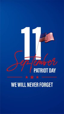 New York, ABD - 3 Eylül 2020: 9 / 11 Vatanseverlik Günü pankartı. ABD Vatanseverlik Günü kartı. 11 Eylül 2001. Seni asla unutmayacağız. Vatanseverlik Günü için vektör tasarım şablonu. 