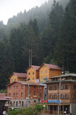 RIZE, TURKEY - 31 Ağustos 2018: Camlihemsin, Rize 'deki ünlü Ayder Platosu manzarası. Ayder Platosu 1350 metre yüksekliğindeki ahşap dağ evleriyle geniş bir çayır alanına sahiptir..